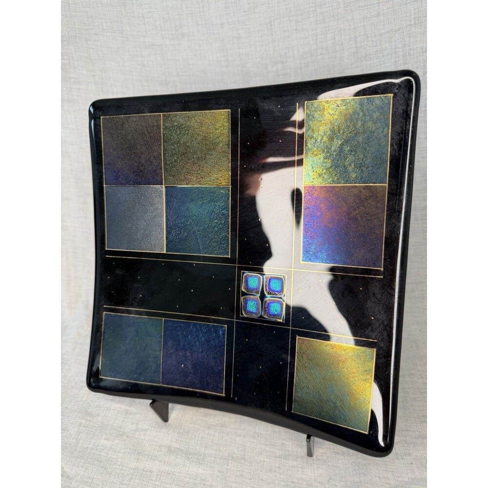 Vintage Signed Barrett Fused Glass Iridescent Decorative Plate Trinket W/Stand - Picture 3 of 8